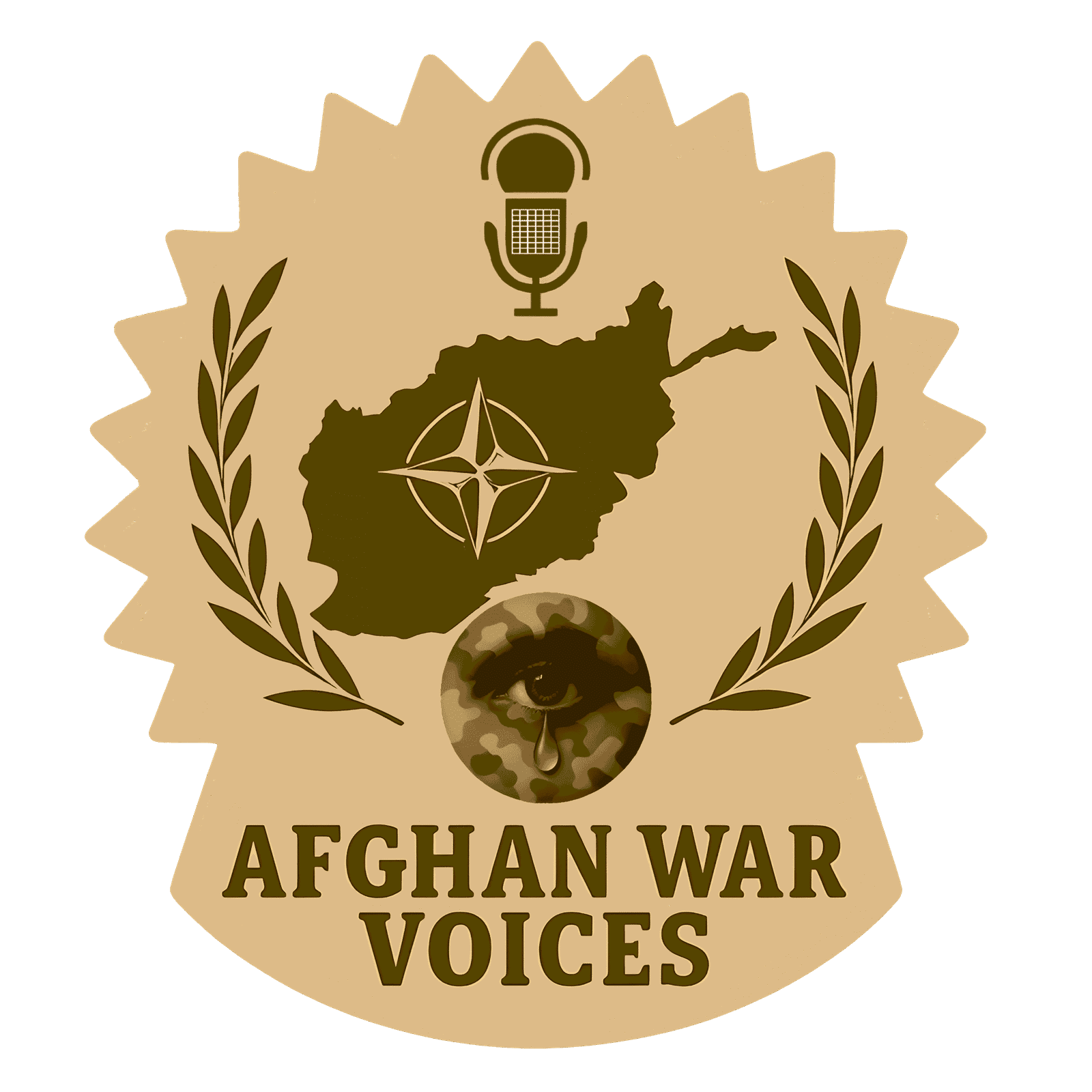 Tan and brown emblem featuring a microphone icon above an Afghanistan silhouette overlaid with the NATO emblem, flanked by laurel branches, above a camouflage-pattern circle with a faint soldier’s face, and the bold text “AFGHAN WAR VOICES.”